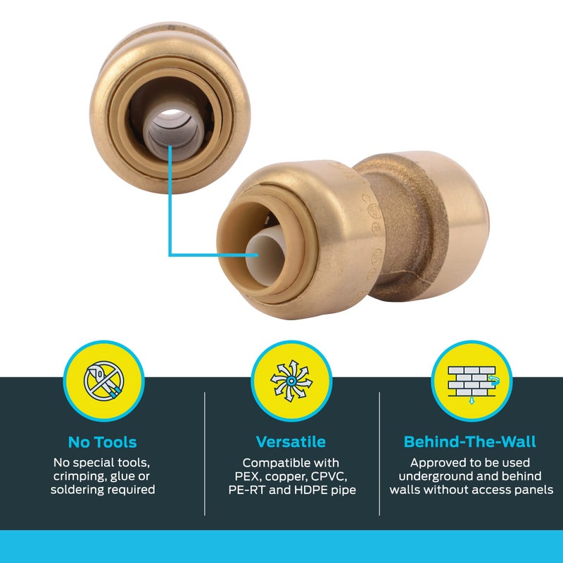 SharkBite 3/8 inch Coupling, Pack of 6, Push to Connect Brass Plumbing Fitting, PEX Pipe, Copper, CPVC, PE-RT, HDPE, U006LF - Image 3
